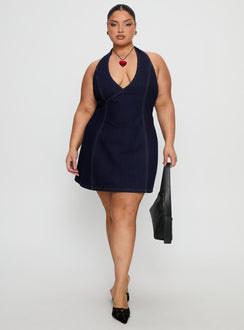 Say Goodnight Denim Halter Mini Dress Mid Wash Curve