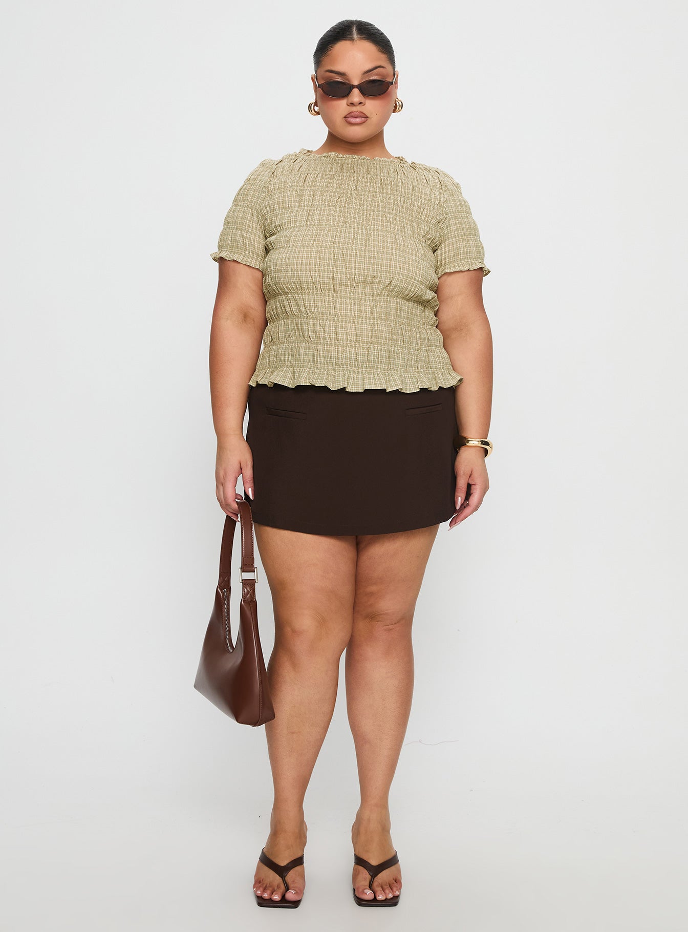 Romelle Shirred Top Green / Brown Plaid Curve