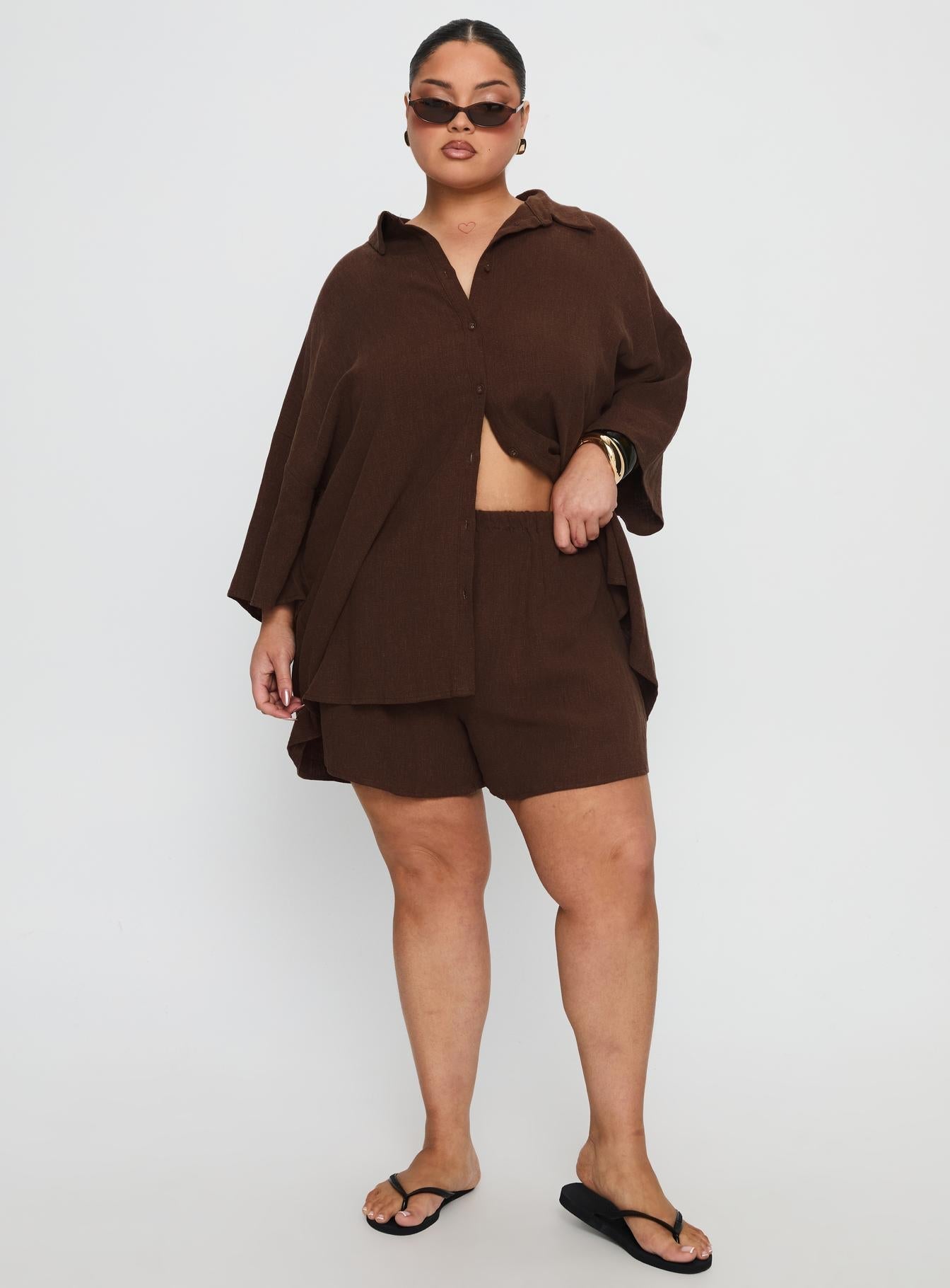 Peni Drawstring Linen Shorts Chocolate Curve
