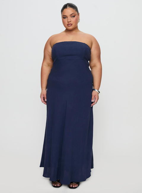 front view of model wearing Princess Polly Yahir Strapless Maxi Dress Navy Curve Straight Neck 