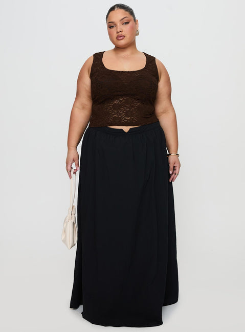   side view of model wearing Princess Polly Rennata Gathered Mid Rise Maxi Skirt Black Maxi 