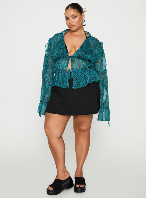 front view of model wearing Princess Polly Holidaze Long Sleeve Top Zebra Curve Full Sleeves Plunger 