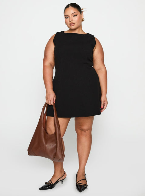 front view of model wearing Princess Polly Anse Mini Dress Black Curve Crew Neck 