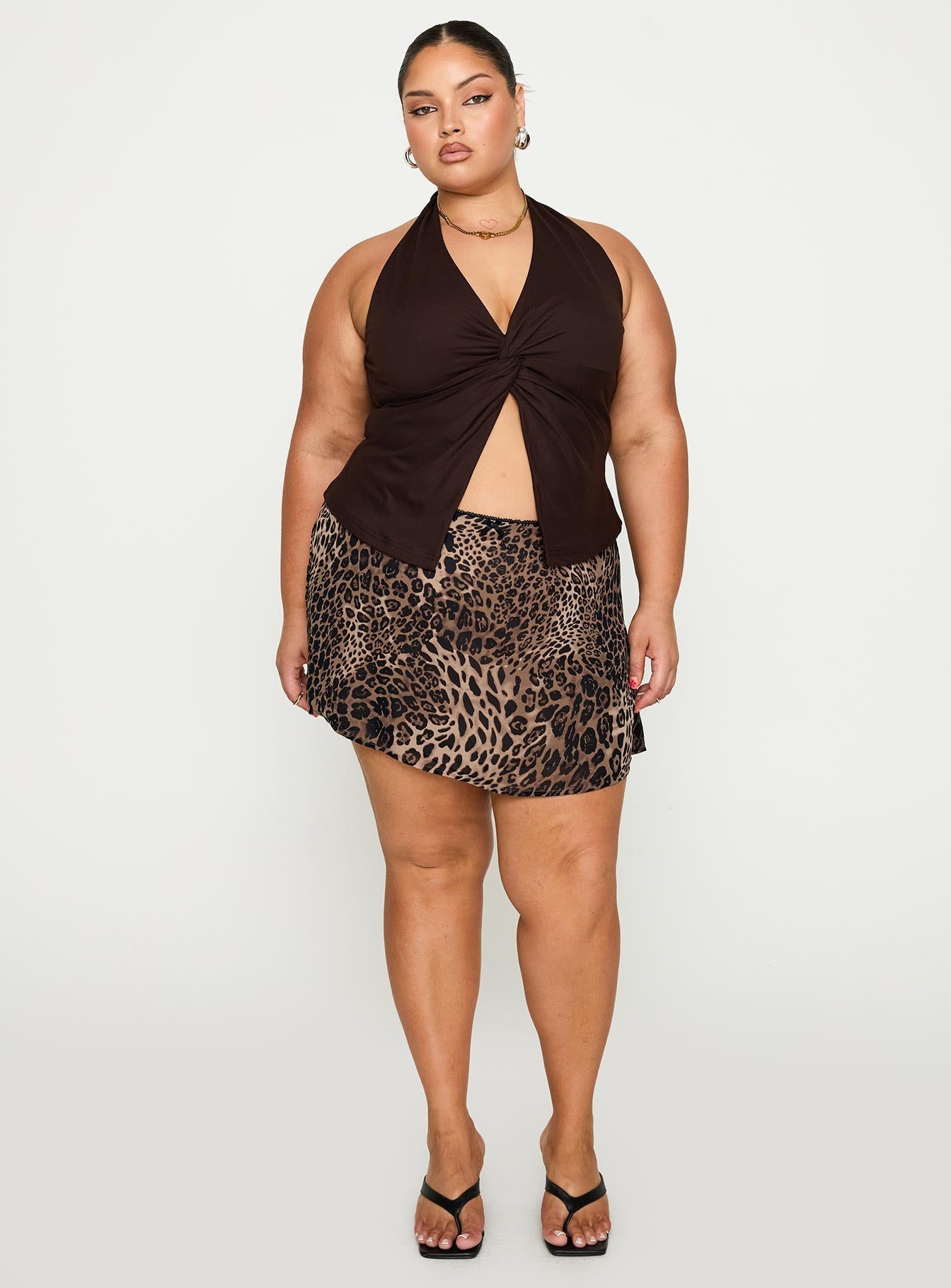   front view of model wearing Princess Polly Tejano Mini Skirt Leopard Curve Mini Skirts 