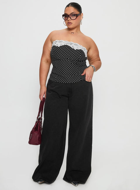 Ettore Lace Trim Strapless Top Black Polka Curve