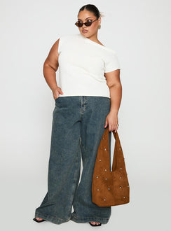 side view of model wearing Princess Polly Ashfield Off Shoulder Top White Curve Short Sleeves Asymmetric Neckline 