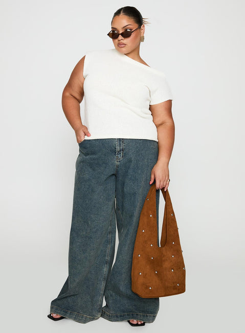 side view of model wearing Princess Polly Ashfield Off Shoulder Top White Curve Short Sleeves Asymmetric Neckline 