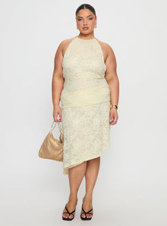 Emmalie Lace Asymmetrical Midi Dress Butter Yellow Curve