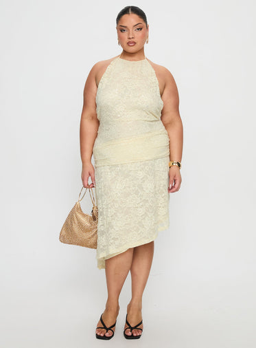 Emmalie Lace Asymmetrical Midi Dress Butter Yellow Curve