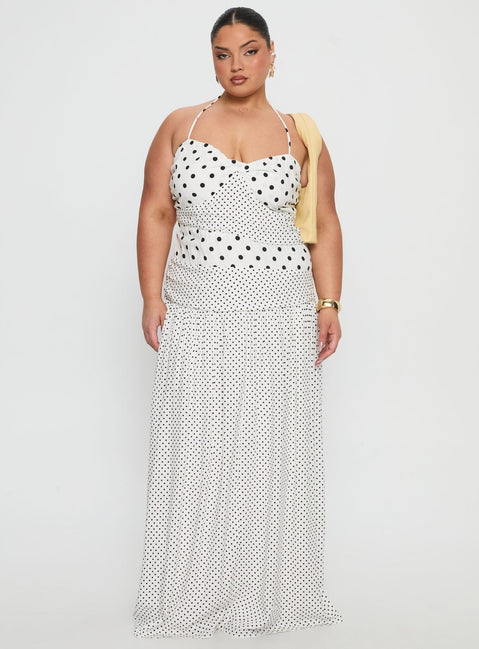 Marguerite Halter Maxi Dress White Polka Curve