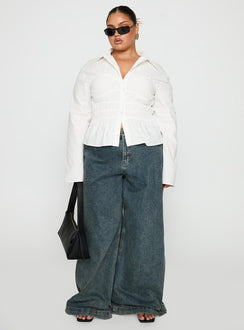 front view of model wearing Princess Polly Liesel Shirred Long Sleeve Top White Curve Full Sleeves V-Neck 