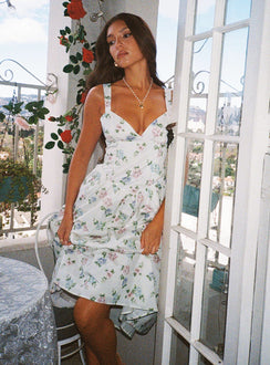 side view of model wearing Princess Polly Dulcibella Midi Dress Floral Plunger 