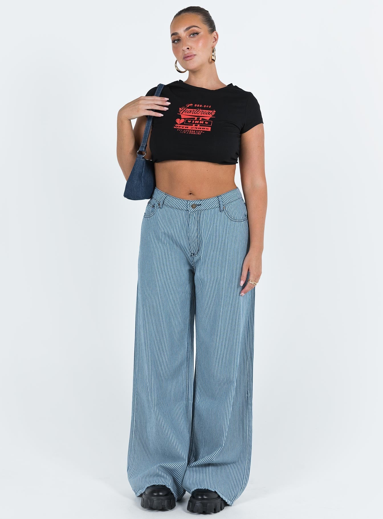 product Princess Polly Mid Rise  Eivissa Baggy Jeans Blue Denim Stripe