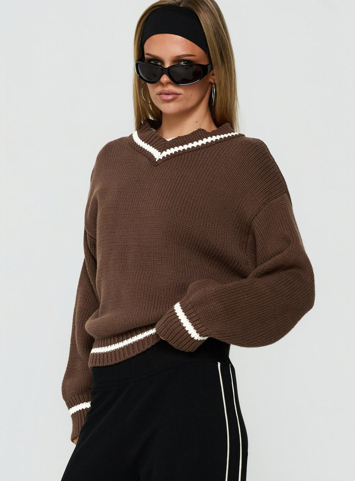 Myrandah V Neck Long SLeeve Knit Jumper Chocolate Stripe