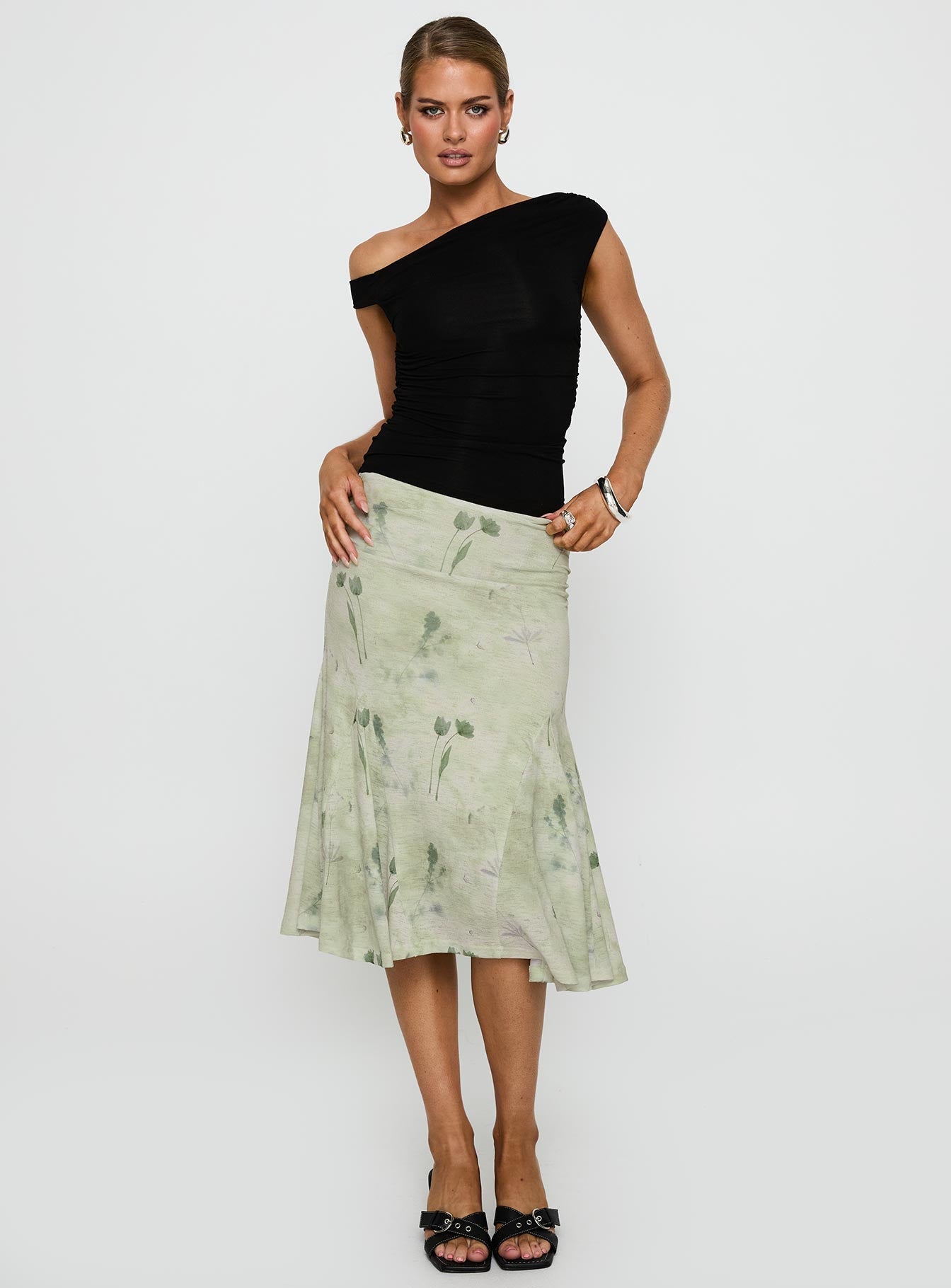 Lewish Low Rise Midi Skirt Green Floral