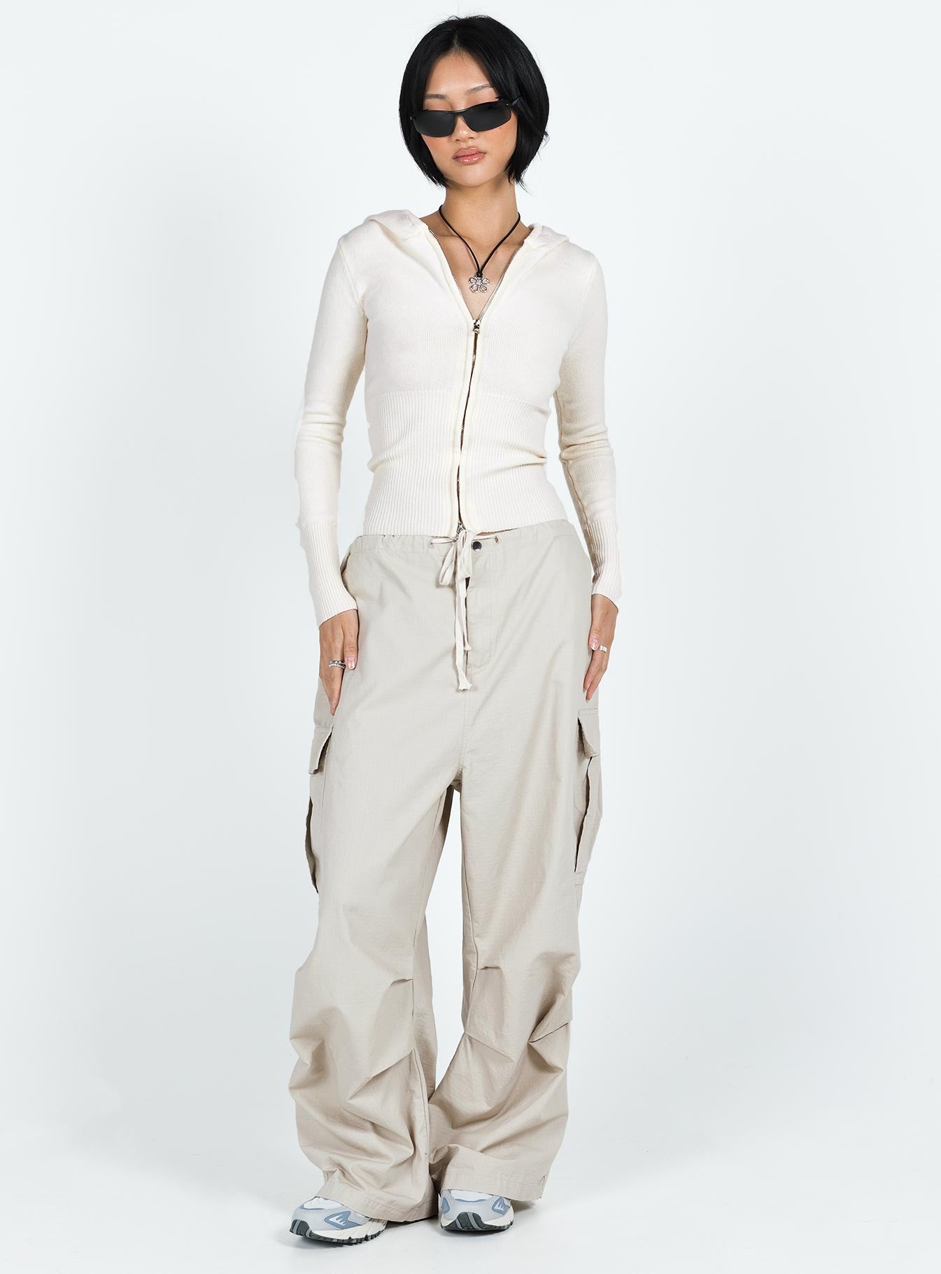 front view of model wearing Princess Polly Elingford Zip Up Hooded Sweater Cream 