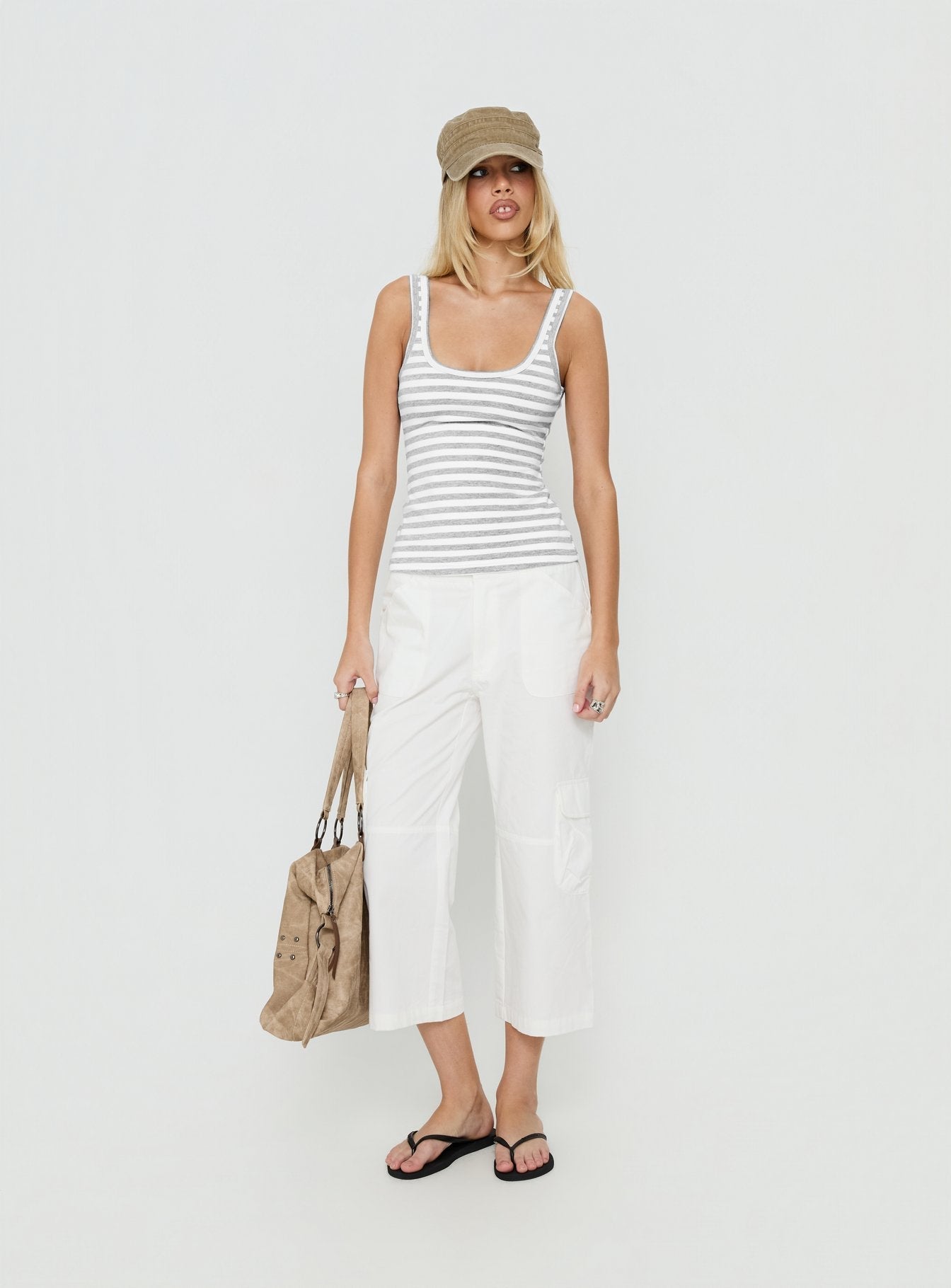 Designed with the Indee Cropped Cargo Pants White womens-regular-pants featuring high-rise front view of model wearing Princess Polly