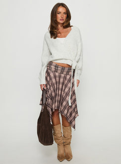 side view of model wearing Princess Polly Daelan Wrap Knit Cardigan Grey Marle cropped 