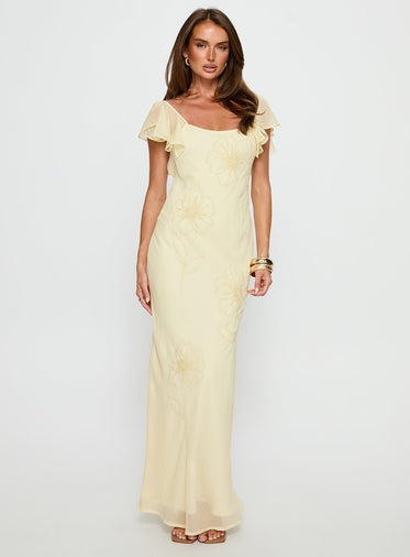 Estah Flutter Sleeve Embellished Maxi Dress Yellow
