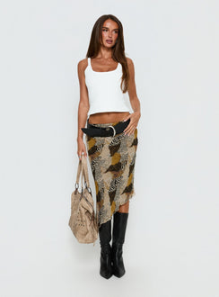   front view of model wearing Princess Polly Suella Asymmetrical Midi Skirt Animal Multi Midi Skirts 
