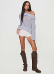 Knit sweater Off-the-shoulder style, fold at bust, oversized fit Slight stretch, unlined 