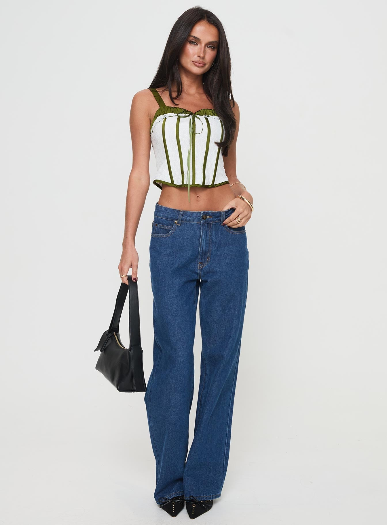 side view of model wearing Princess Polly Jiraia Lace Corset Top White / Green Sleeveless Sweetheart 