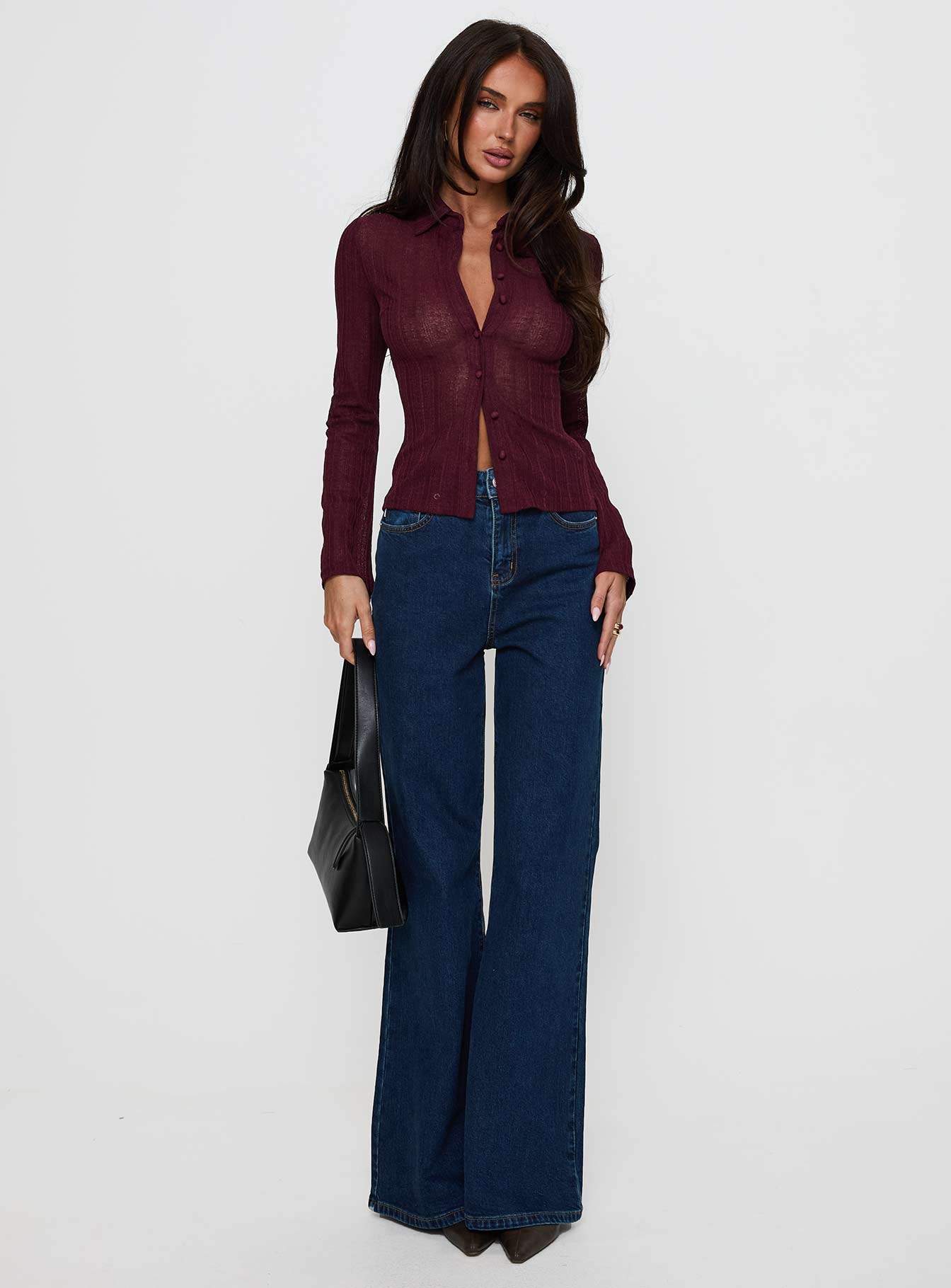 side view of model wearing Princess Polly When You Sleep Long Sleeve Top Wine Full Sleeves V-Neck 