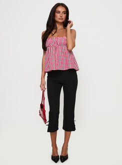 side view of model wearing Princess Polly Mirabellah Frill Top Red Gingham Sleeveless Square Neck 