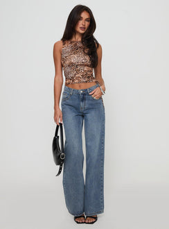 front view of model wearing Princess Polly Everlong Jean Mid Blue Wash High Waisted 