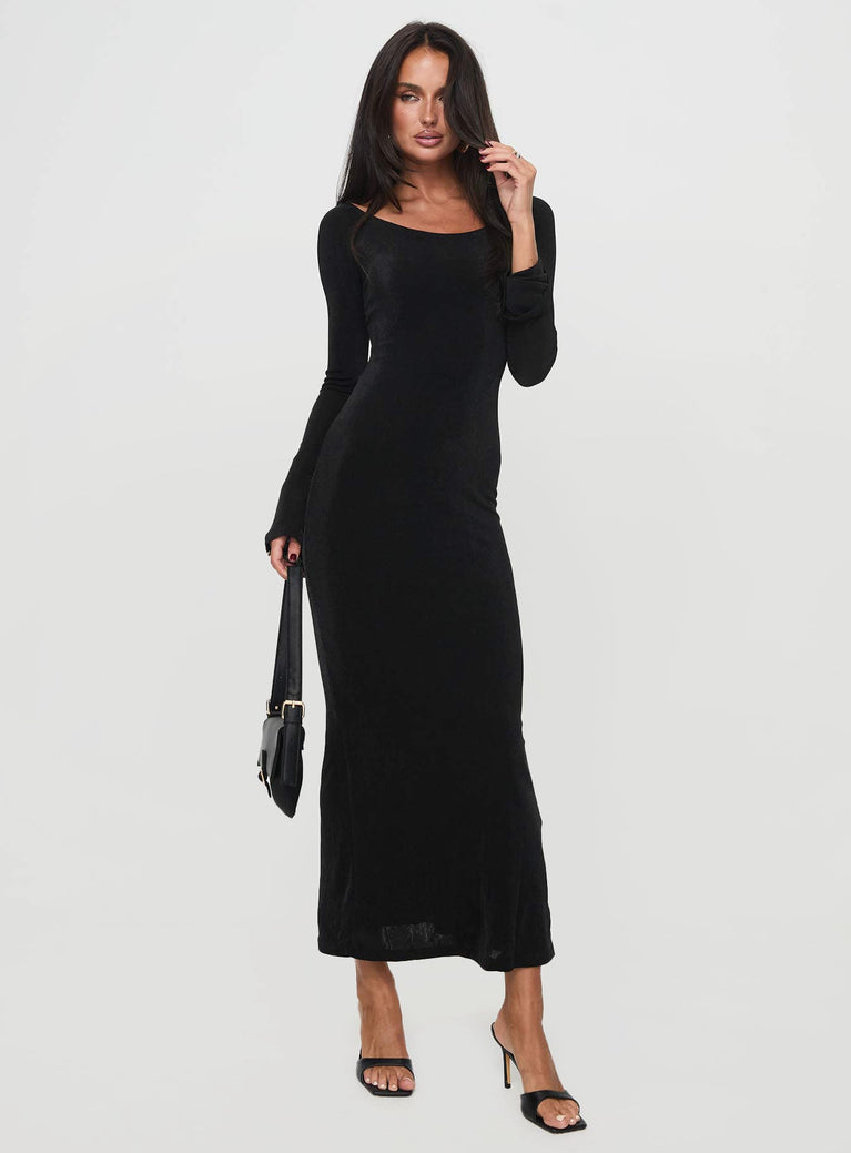 Long sleeve maxi dress Shimmery material, scooped neckline, open back detail with adjustable cross over straps, ruching & split hem at back Good stretch, fully lined 
