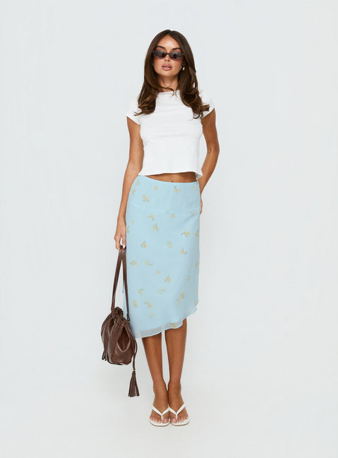   front view of model wearing Princess Polly Daphene Asymmetrical Midi Skirt Blue Floral Midi Skirts Skirts 