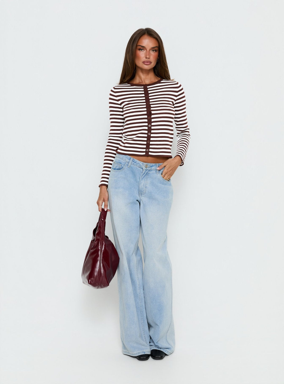 back view of model wearing Princess Polly Elcie Button Up Cardigan Brown Stripe Cropped Jumpers Jumpers 