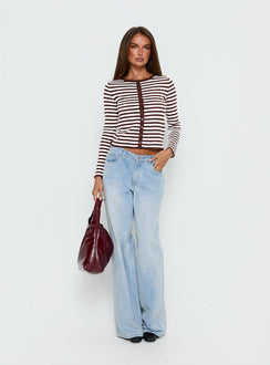 back view of model wearing Princess Polly Elcie Button Up Cardigan Brown Stripe Cropped Jumpers Jumpers 