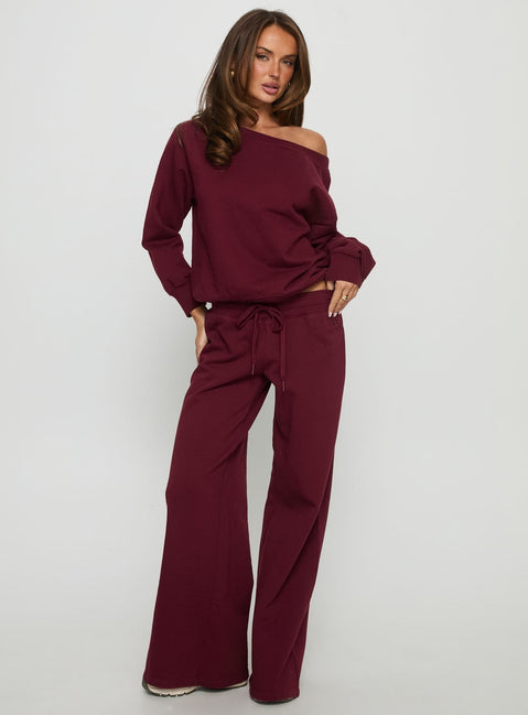 front view of model wearing Princess Polly Wellness Off the Shoulder Jumper Currant cropped Jumpers 