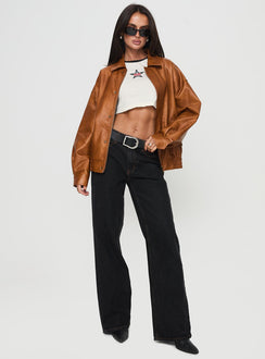 Faux leather bomber jacket Classic collar, zip & button fastening down front, twin hip pockets with press button fastening, elasticated waistband, single button cuff Non-stretch material, fully lined