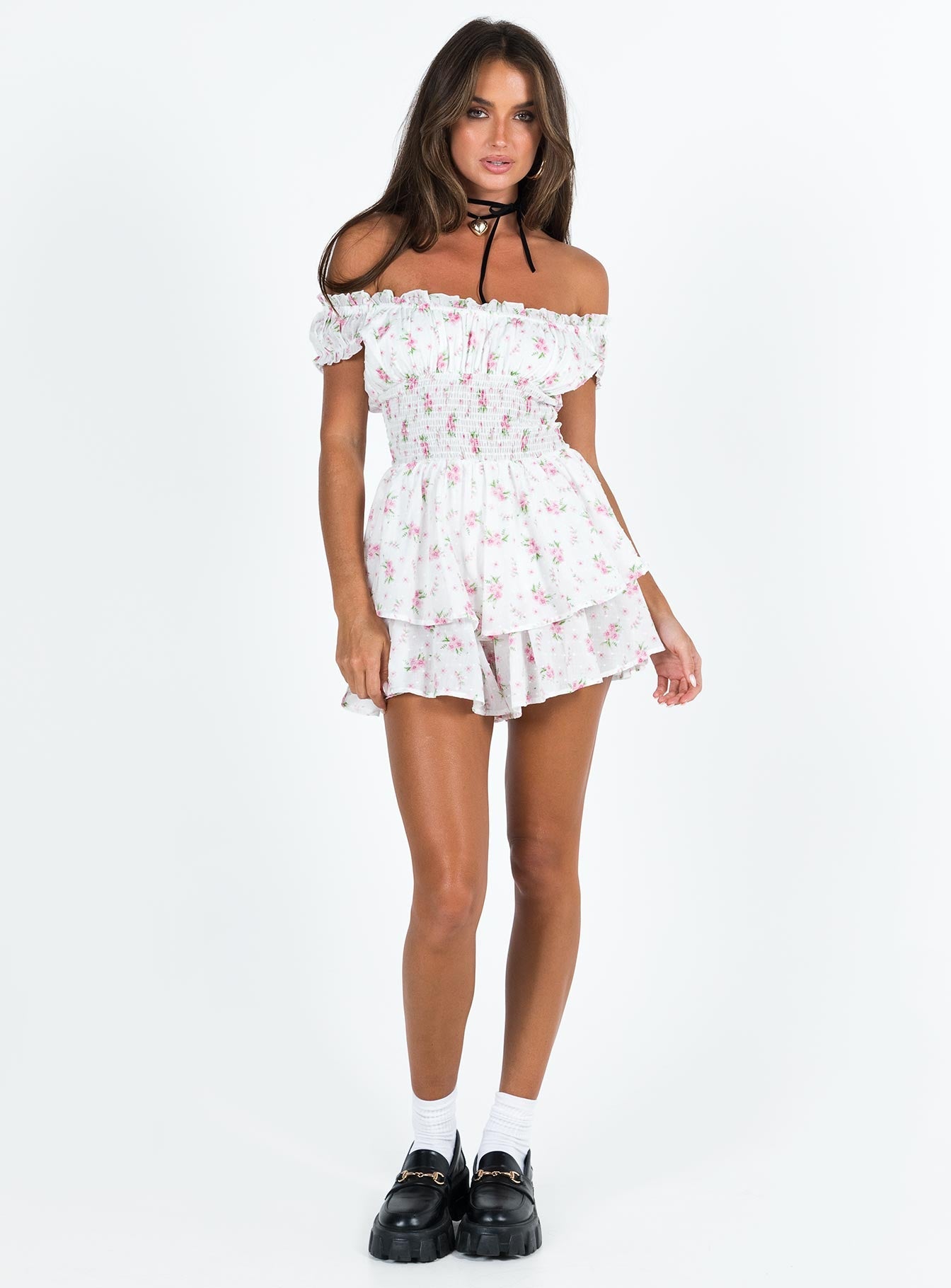 Romper Floral print Shirred waistband Ruffle detailing Elasticated neck and sleeves Can be worn on or off shoulder Layered ruffle hem Fully lined