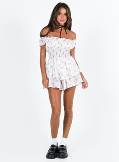Romper Floral print Shirred waistband Ruffle detailing Elasticated neck and sleeves Can be worn on or off shoulder Layered ruffle hem Fully lined