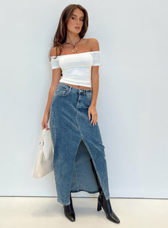 Front view of model wearing  front Princess Polly Short Sleeves Asymmetric Neckline  Fyra Off The Shoulder Top White