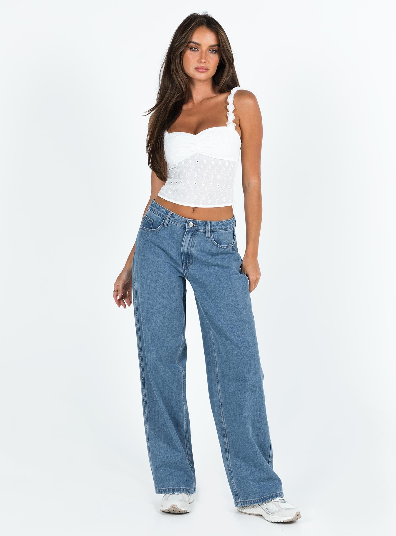 front view of model wearing Princess Polly Maryanne Mid-rise Relaxed Denim Jeans Mid Wash Denim Tall Mid Rise 