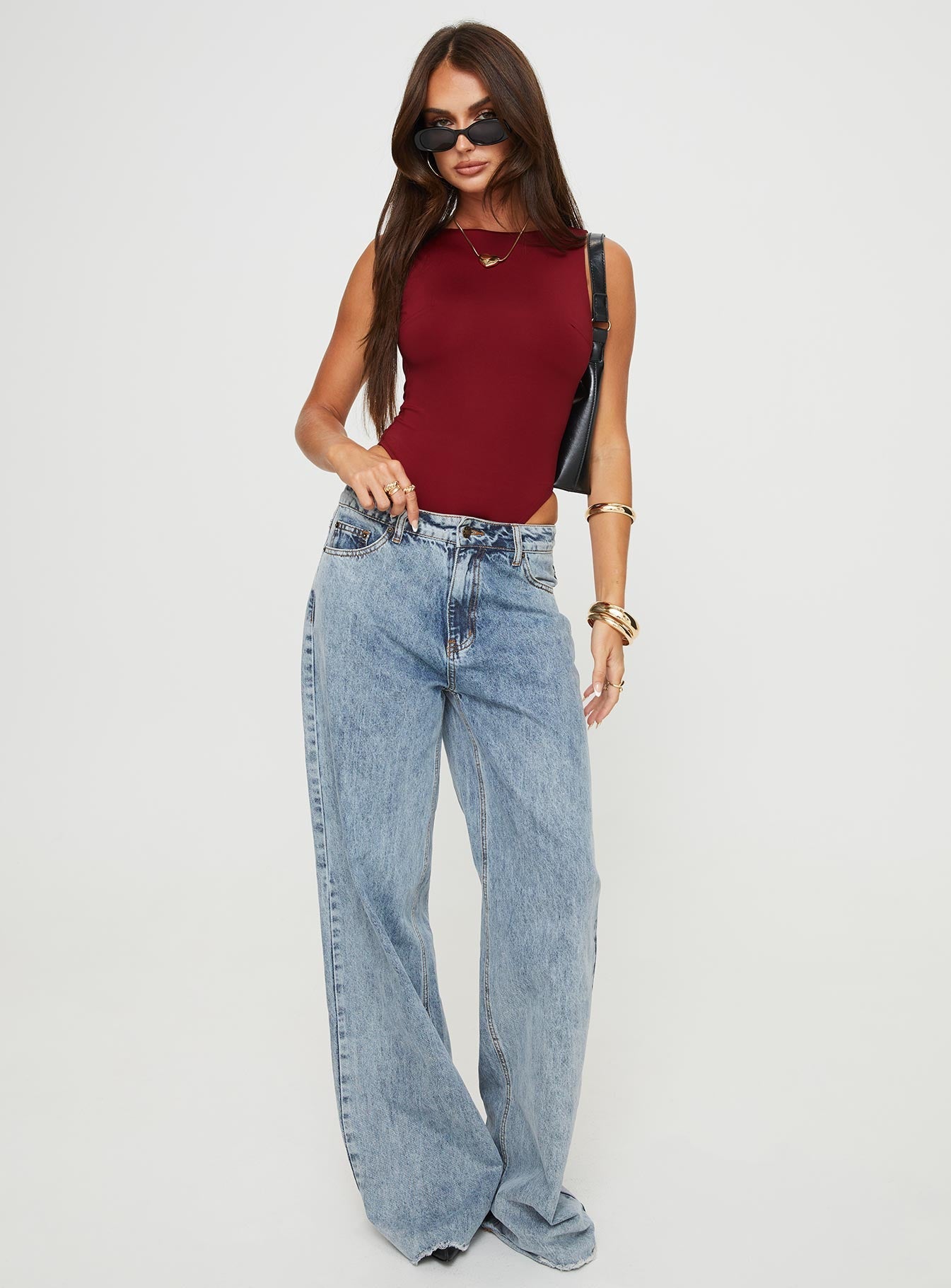 back view of model wearing Princess Polly Beresford Bodysuit Wine Petite Sleeveless High Neck 