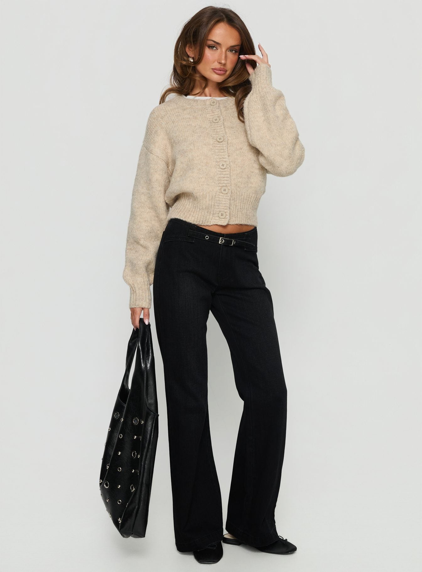 side view of model wearing Princess Polly Trevonn Button Up Knit Cardigan Beige Cropped Jumpers 