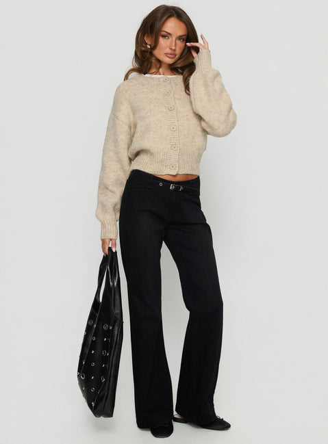 side view of model wearing Princess Polly Trevonn Button Up Knit Cardigan Beige Cropped Jumpers 