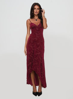 side view of model wearing Princess Polly Rumours Slippy Burnout Maxi Dress Burgundy Sweetheart Neckline 