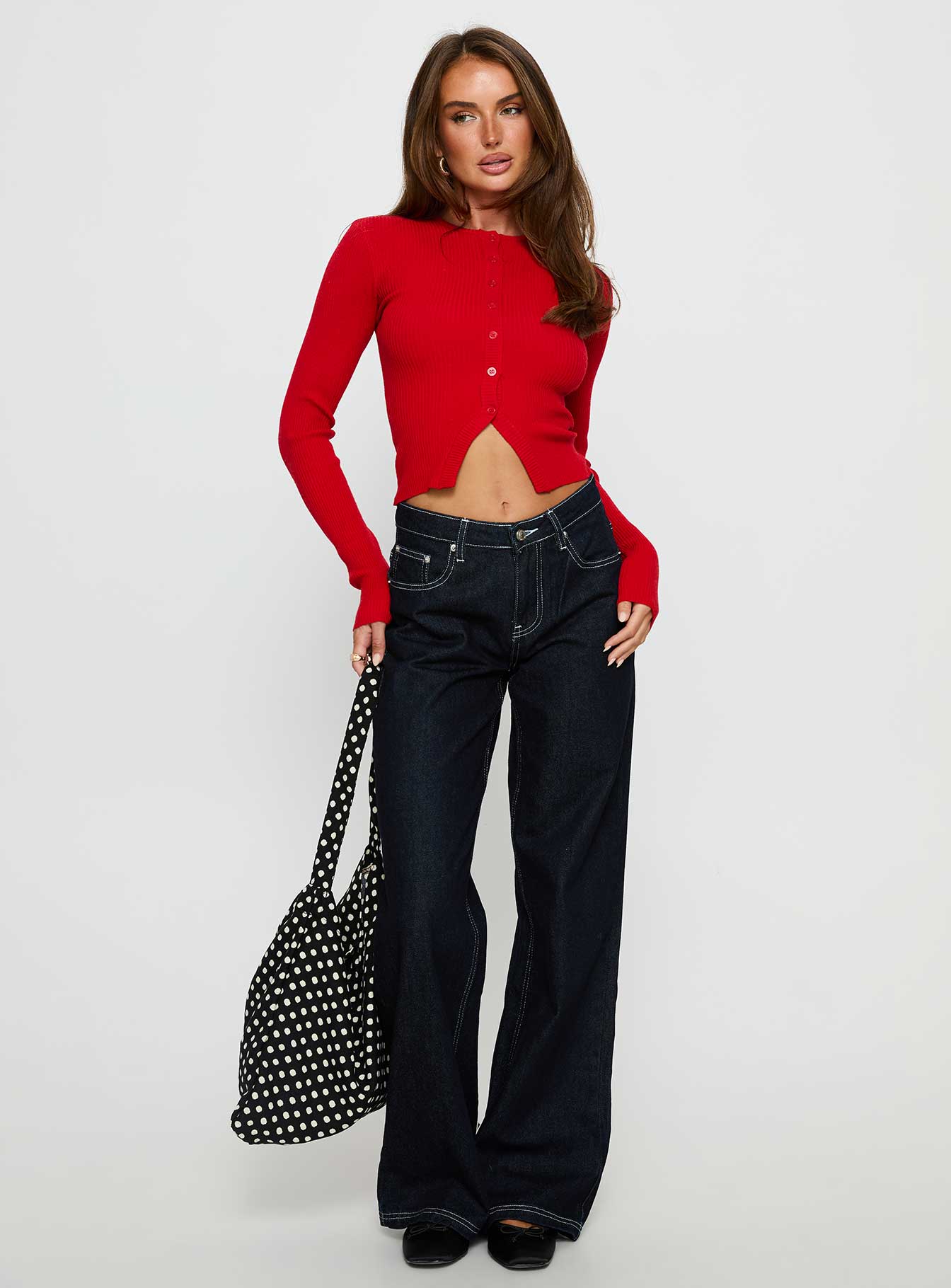 lace up sleeve knit 赤 Red Knit Top Long Sleeve Lace Up Detail Ribbed | Ally Fashion