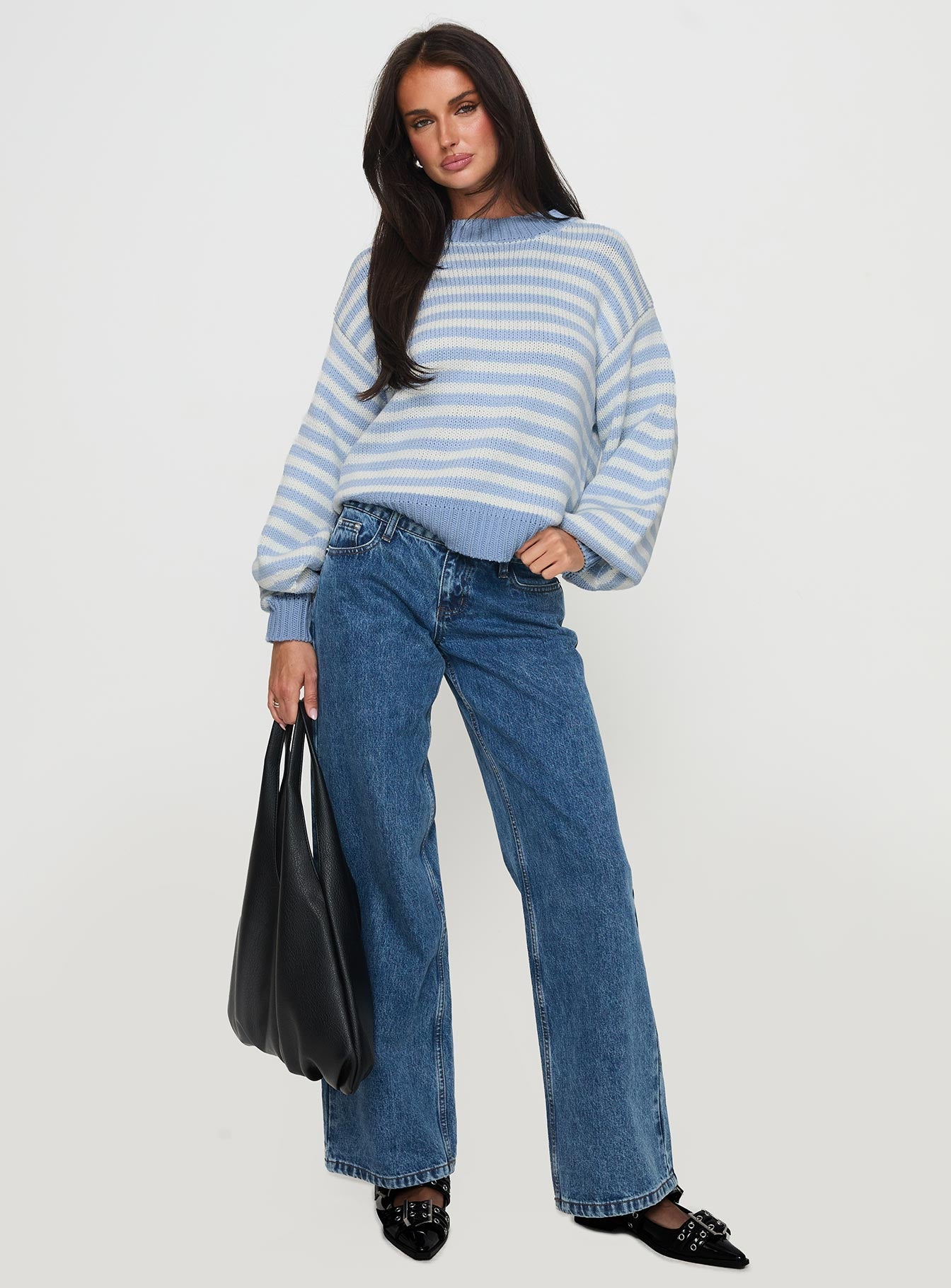 front view of model wearing Princess Polly Harmony Balloon Sleeve Knit Sweater Blue / White Stripe Cropped 