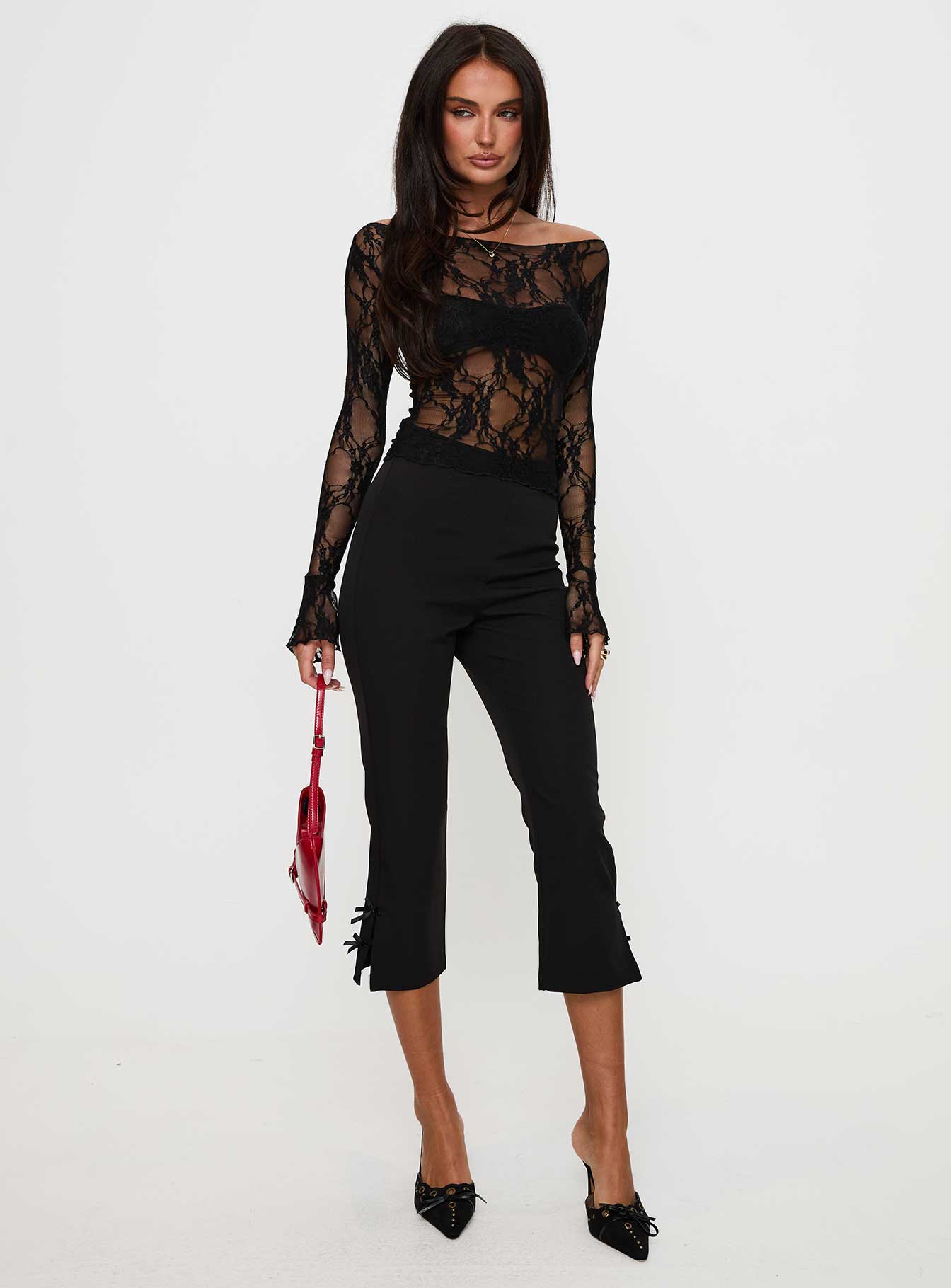 front view of model wearing Princess Polly Junah Sheer Lace Long Sleeve Top Black Full Sleeves Boat Neck 