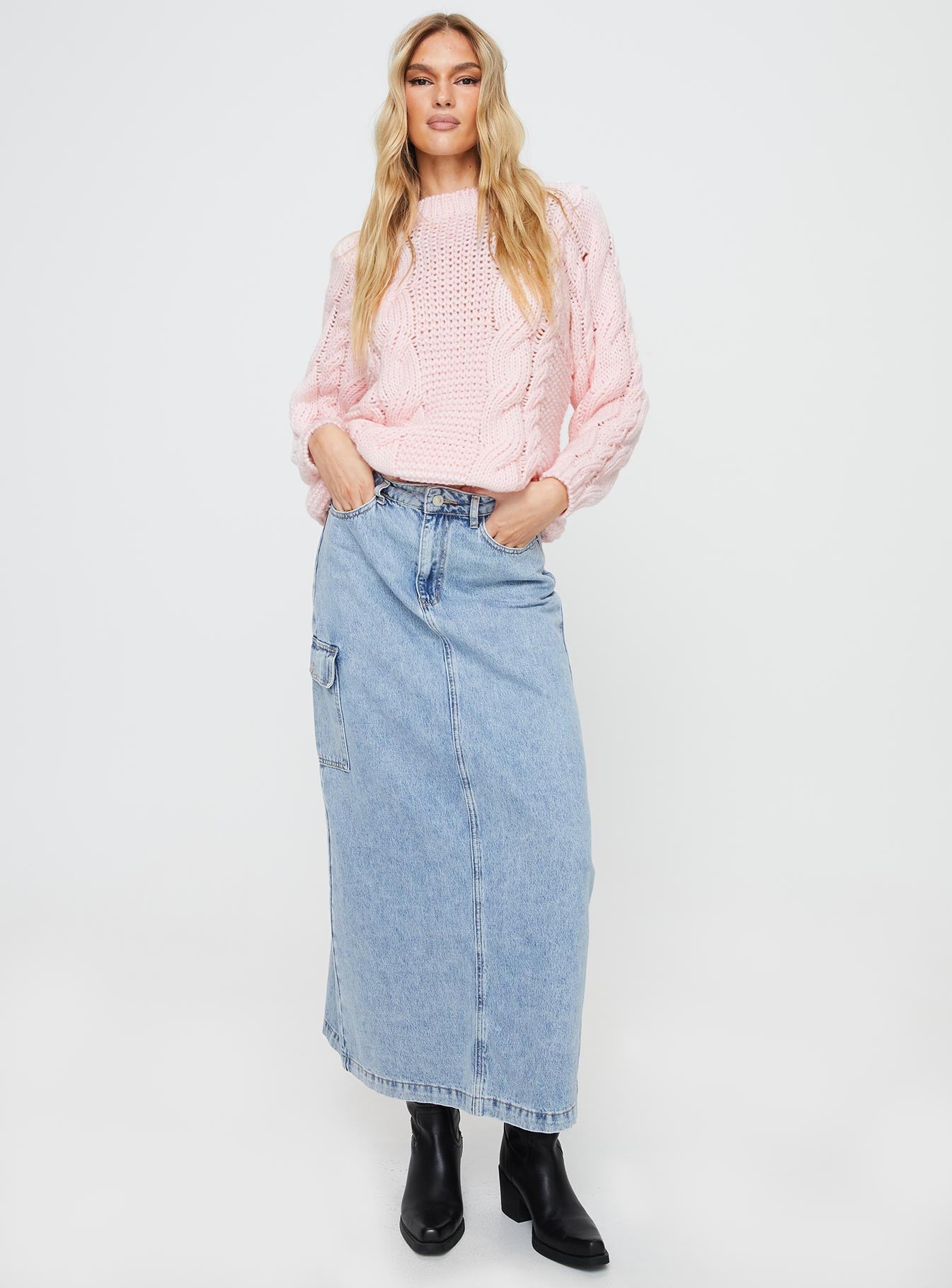 front view of model wearing Princess Polly Ellison Cable Knit Sweater Blush Pink Long 