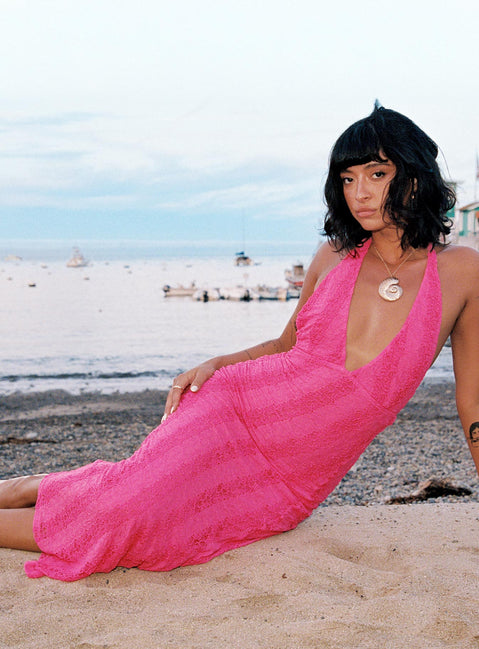 side view of model wearing Princess Polly Zoi Lace Halter Maxi Dress Hot Pink Plunger 