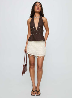 front view of model wearing Princess Polly Movies End Halter Top Brown Sleeveless Plunger 