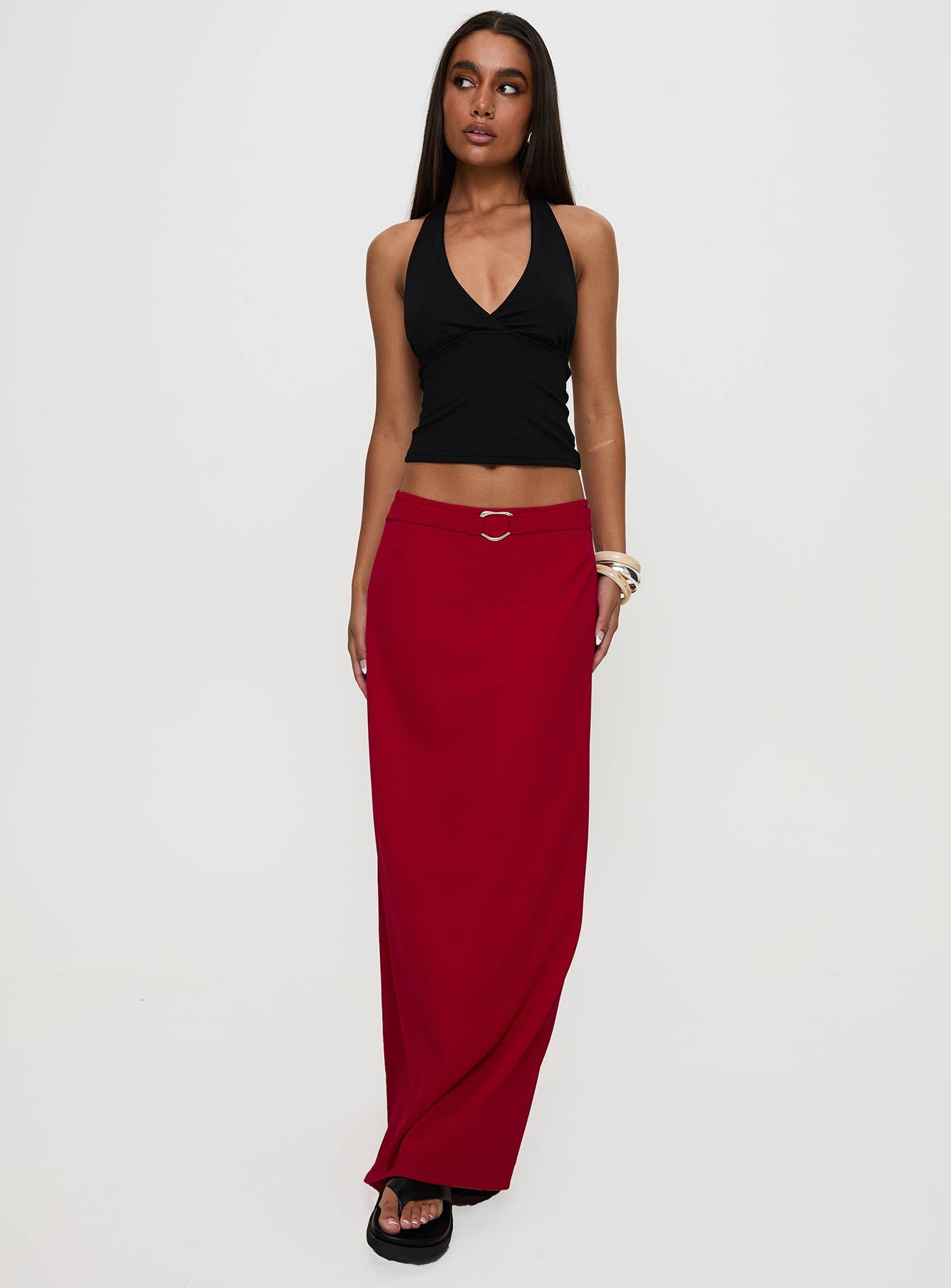   front view of model wearing Princess Polly Devoted Maxi Skirt Red Maxi 